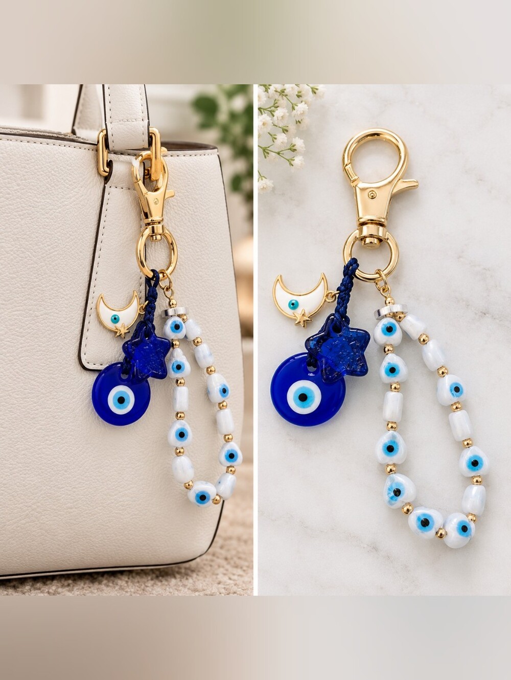 Piper k Gold & Blue Evil Eye Beaded Keychain Bag Charm